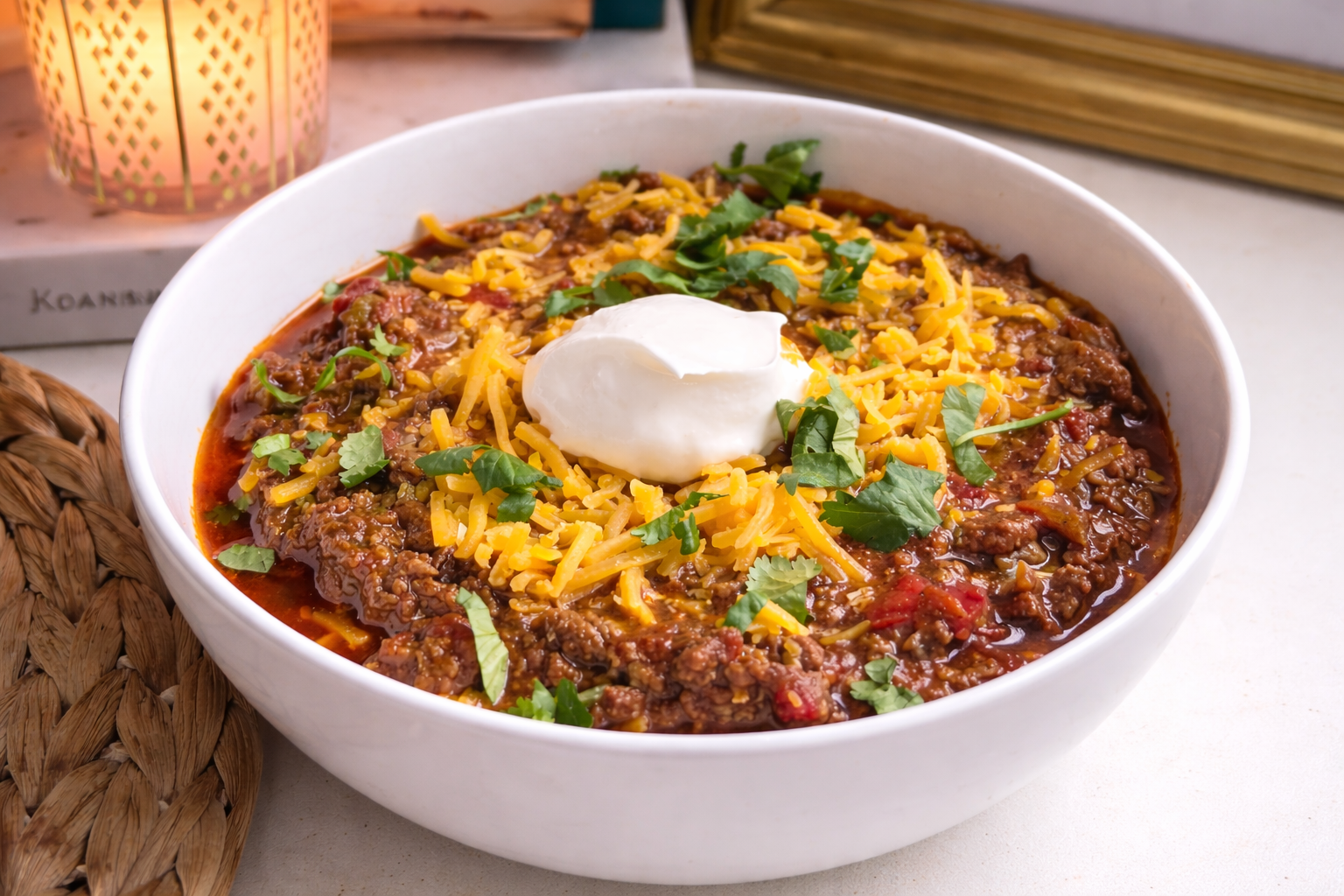 A warm bowl of Texas chili topped with shredded cheddar, sour cream, and fresh cilantro