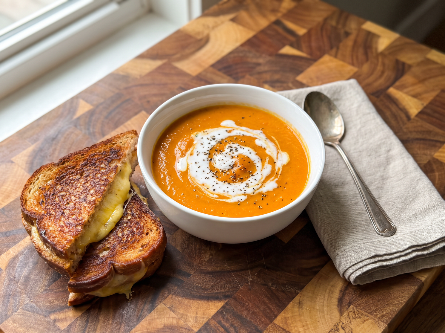 creamy roasted sweet potato soup with grilled cheese