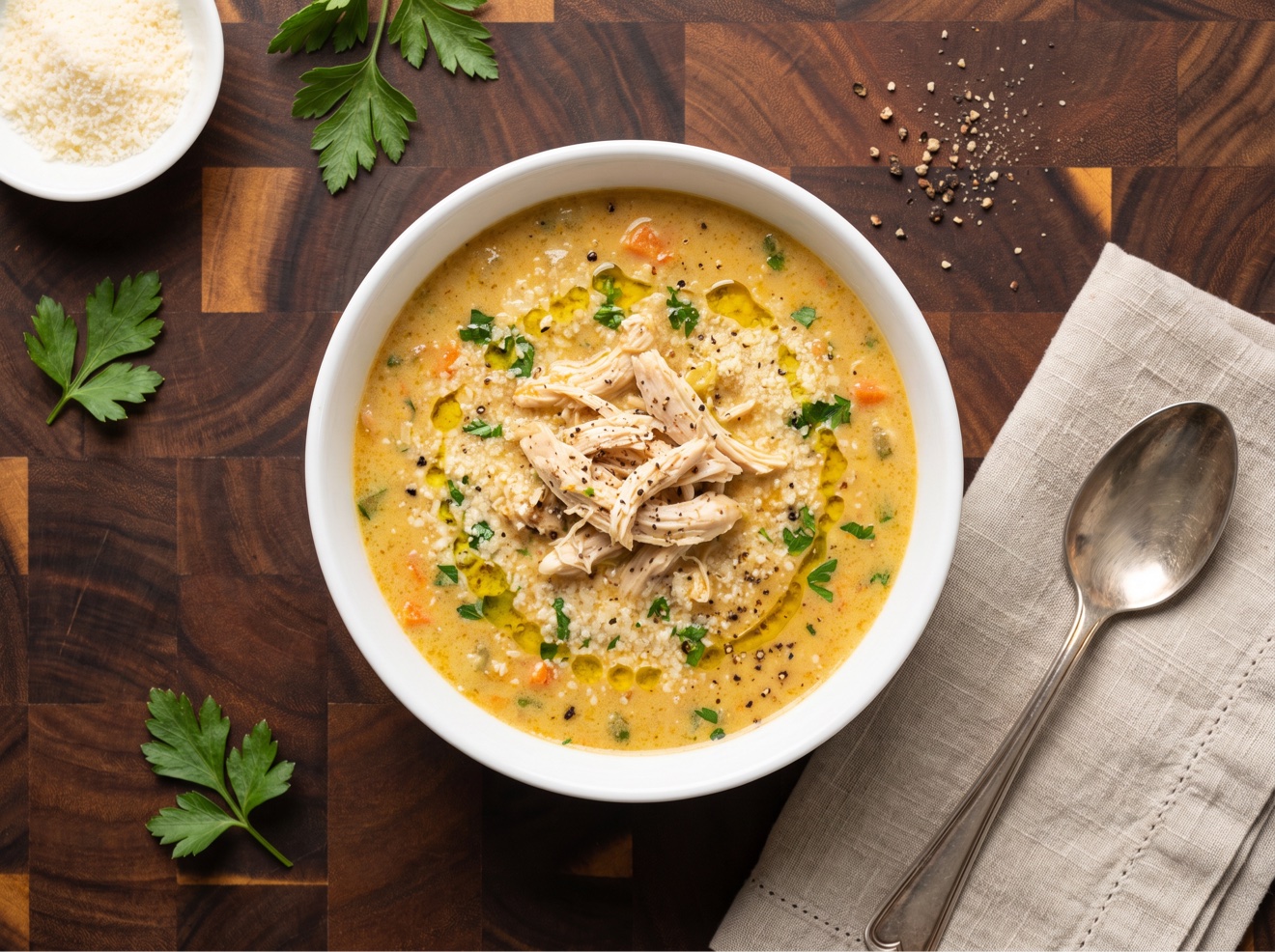 creamy chicken soup with shredded chicken in a bowl